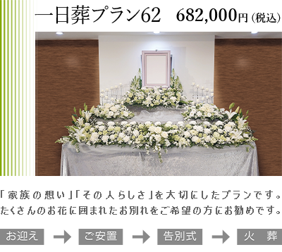 一日葬プラン62。「家族の想い」「その人らしさ」を大切にしたプランです。たくさんのお花に囲まれたお別れをご希望の方にお勧めです。プラン価格682,000円(税込)