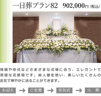 一日葬プラン82。エレガントでどんな式場にもマッチする清楚な花祭壇です。故人様を想い、美しいたくさんのお花で華やかに送ることができます。プラン価格902,000円(税込)